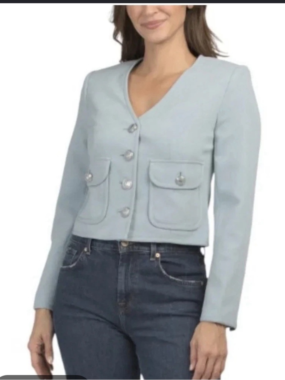 Elie Tahari Powder Blue Cropped Blazer with Decorative Buttons